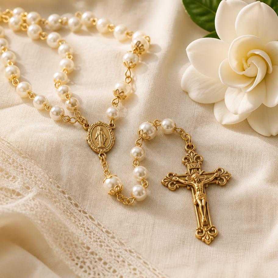 Rosario de perlas blancas con crucifijo plateado